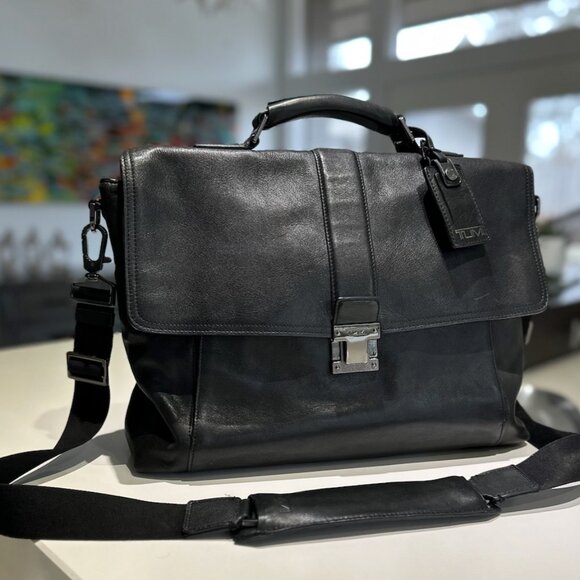 Vintage TUMI Black Leather Briefcase / Messenger Bag - Picture 1 of 6